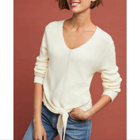 Anthropologie Sweaters - Anthropologie Moth Women's Freeport Tie-Front Sweater Knit Ivory V-Neck Small